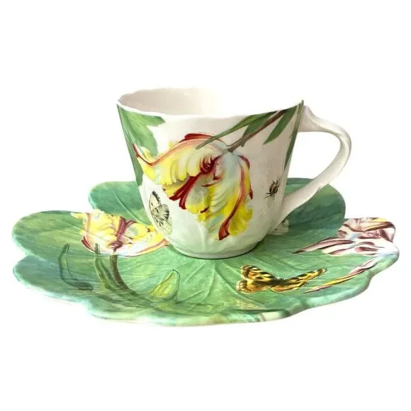 Spode Floral Haven Cup & Saucer Set Scalloped Butterfly Bee England Vintage - Picture 2 of 7